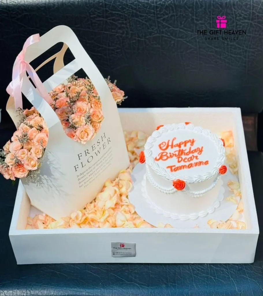 Luxury birthday cake and natural pink rose gift box in Dhaka by The Gift Heaven