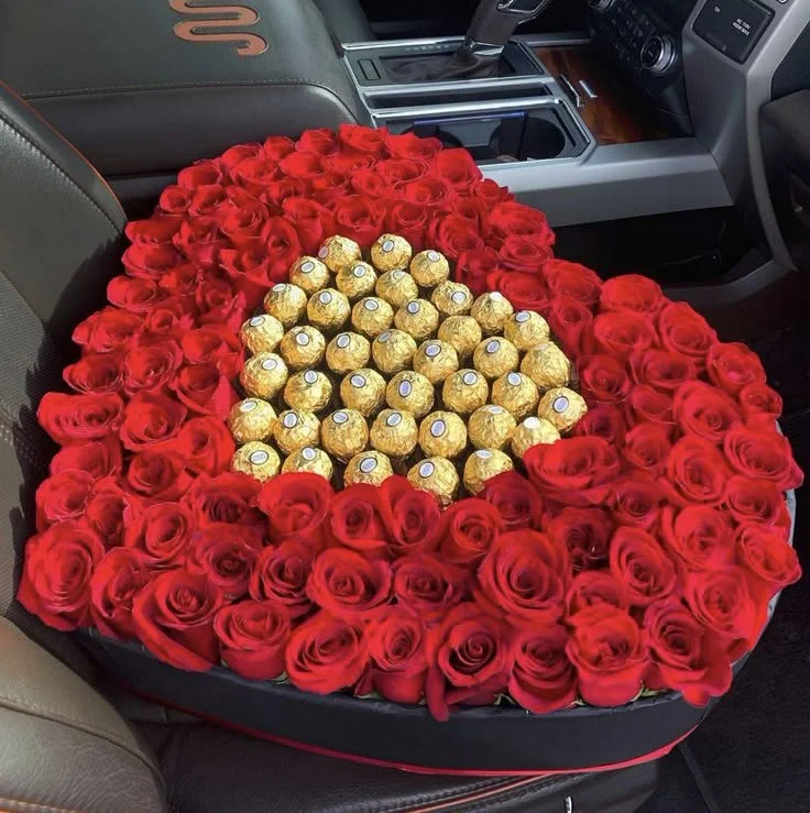 Luxury heart shape Ferrero Rocher chocolate bouquet with red roses gift arrangement