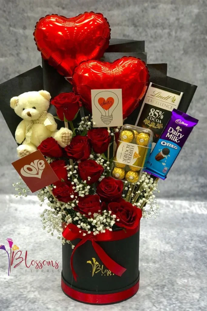 Luxury red rose ferrero rocher teddy bear gift box in Dhaka by The Gift Heaven