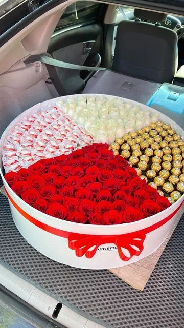 Luxury round flower and chocolate gift box with red roses, white roses, Ferrero Rocher and premium chocolates – The Gift Heaven Bangladesh