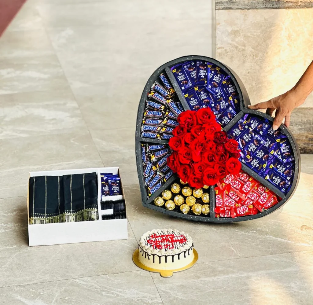 Luxury Birthday and Anniversary Gift Hamper with chocolates, red roses and cake by The Gift Heaven Bangladesh