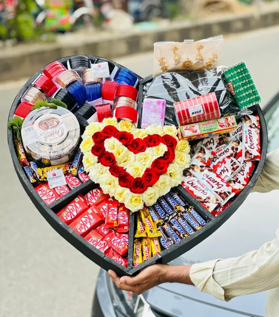 The Luxury Box 30 with half silk half suti saree, bangles, roses and chocolate heart gift box
