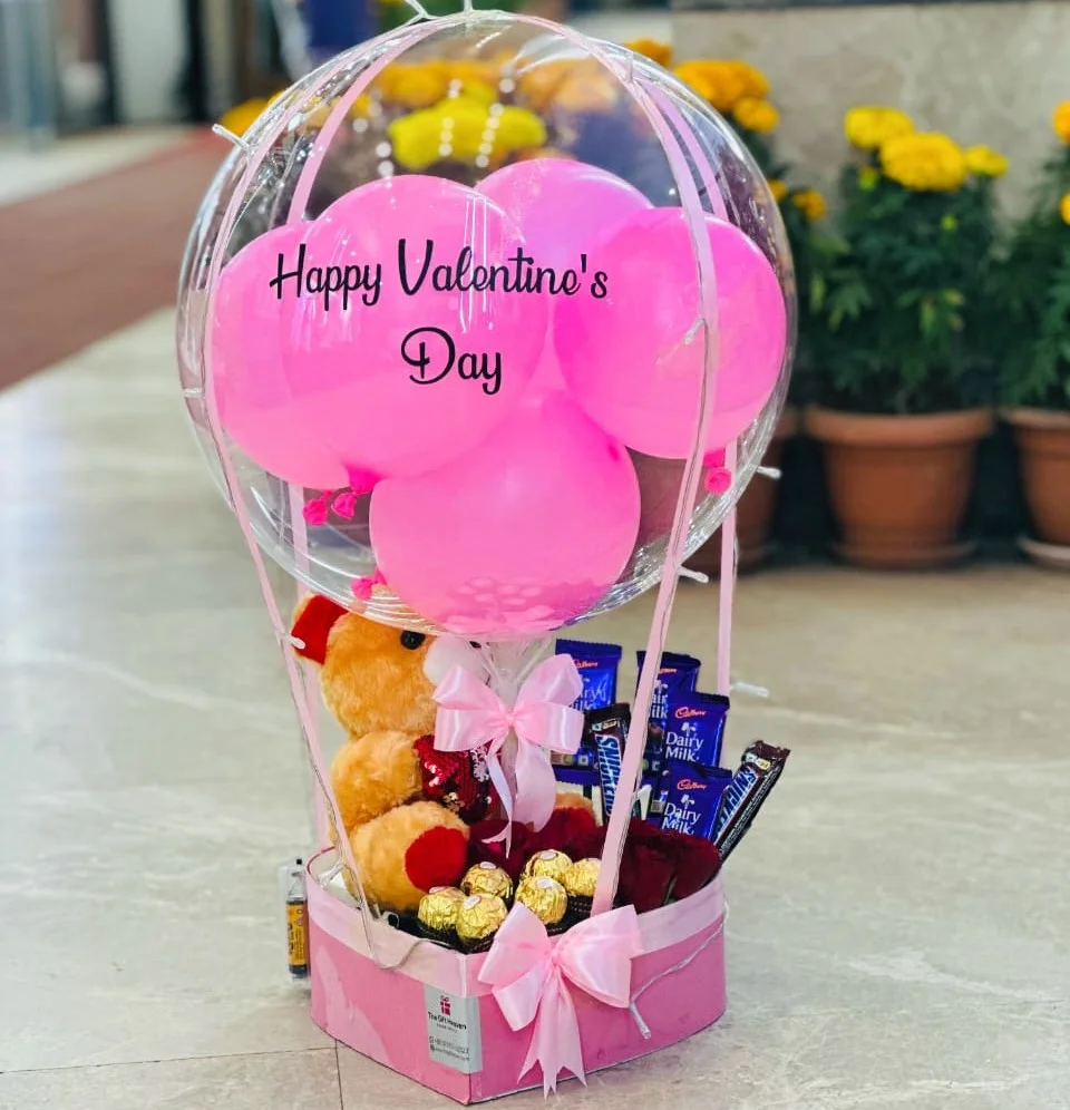 Valentine balloon gift box with chocolates teddy bear red rose and fairy lights