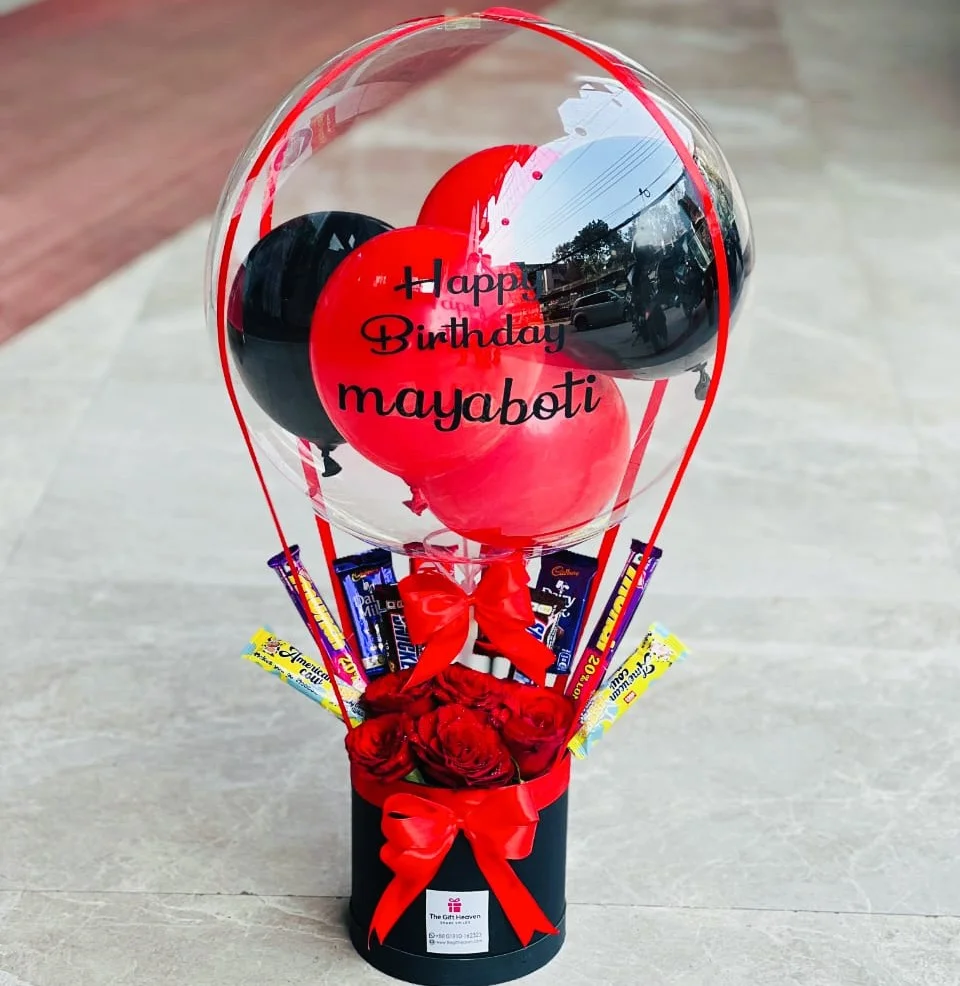 Balloon chocolate gift box with red roses and premium chocolates for birthday surprise in Bangladesh