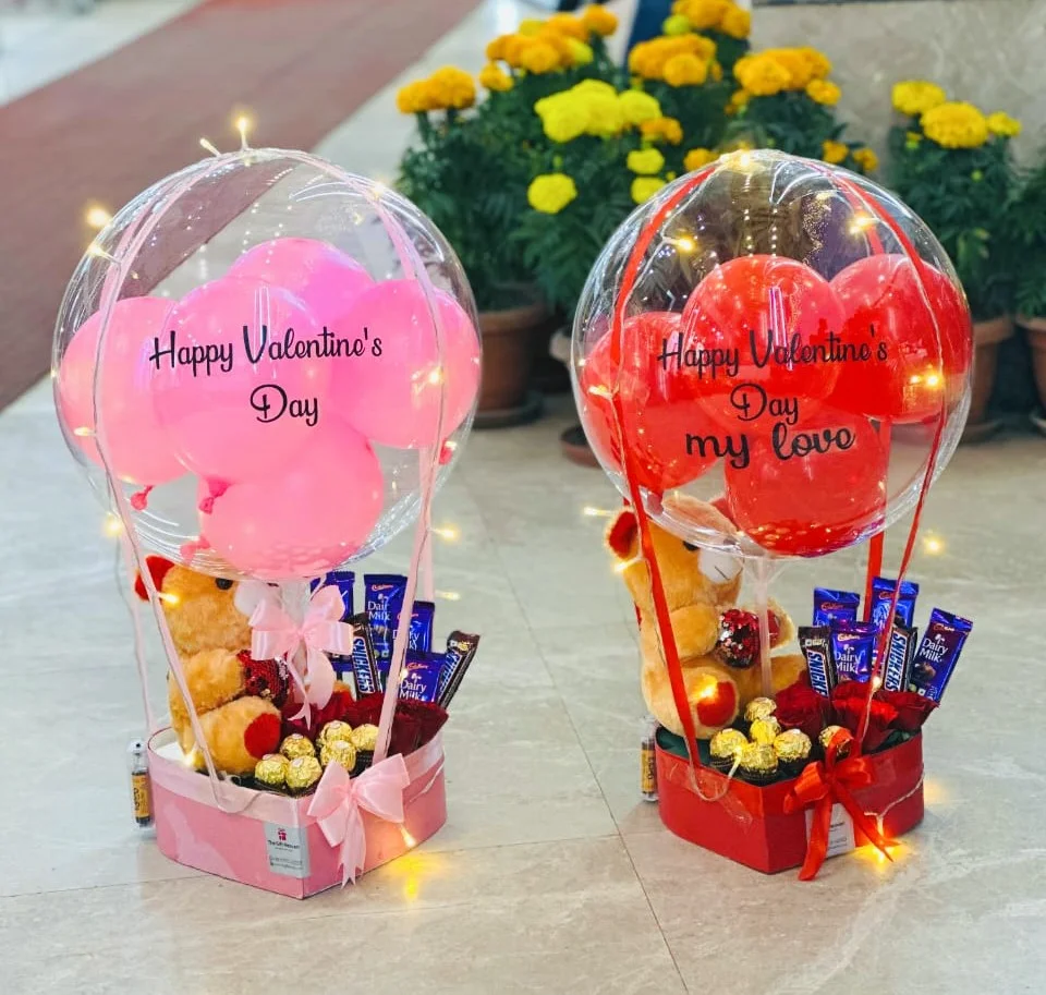 Premium Valentine Balloon Bouquet with Chocolates, Teddy, Red Rose and Fairy Lights by The Gift Heaven
