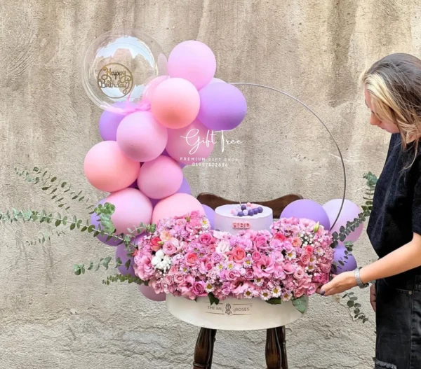 Elegant Purple & Pink Balloon Flower Cake Decoration Gift Hamper
