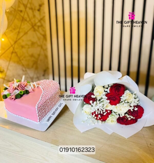 Mix Rose Bouquet And Heart Cake