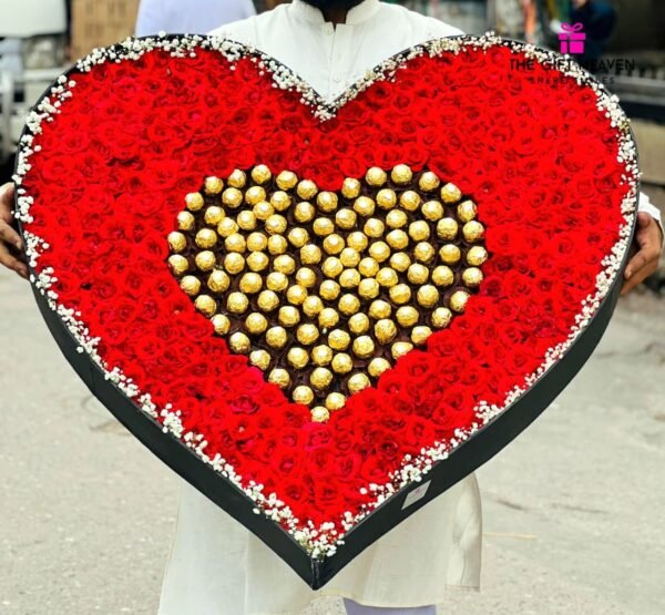 Heart Shape Red Rose & Ferrero Rocher Luxury Gift Box-36