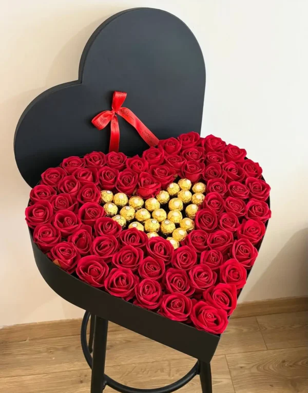 Luxury Heart Box with Red Roses & Ferrero Rocher Chocolates