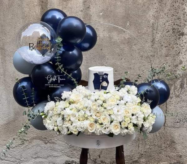 Luxury Balloon & White Flowers with Cake Decor Gift Hamper