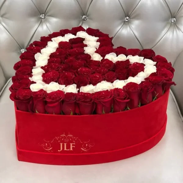 Heart Shape Rose Box with Red & White Roses