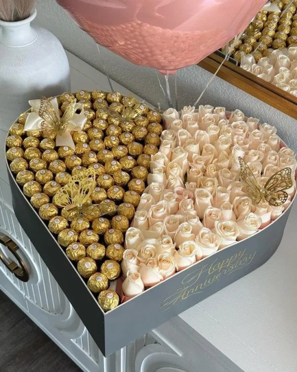 Heart Shape Ferrero Rocher & White Rose Luxury Gift Box