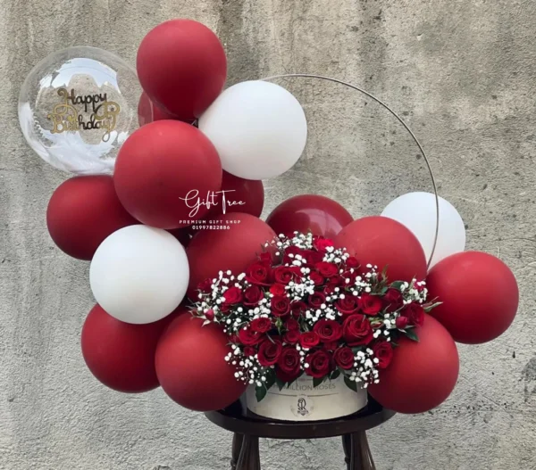 Red & White Rose with Balloon Display