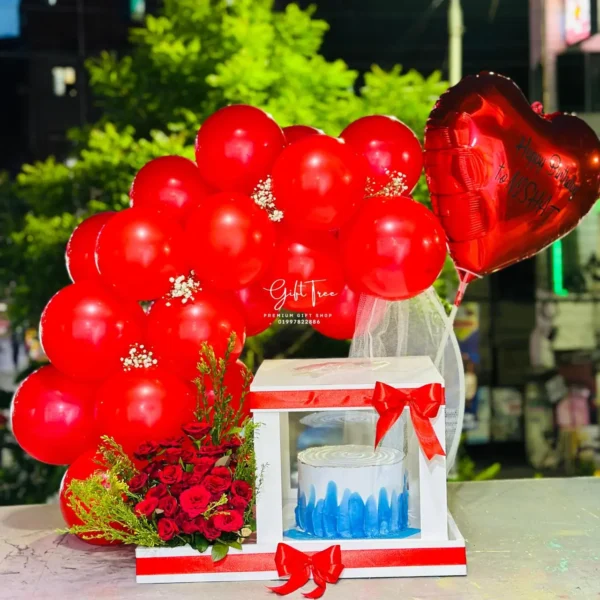 Red Rose Elegance Cake with Sky Blue and White Flourishes, Paired with Red Balloon