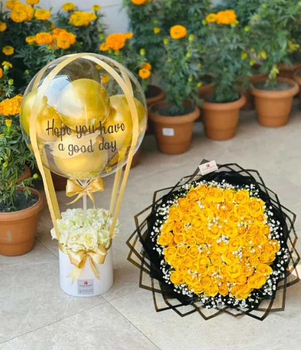 Yellow Flowers and Balloons Arrangement