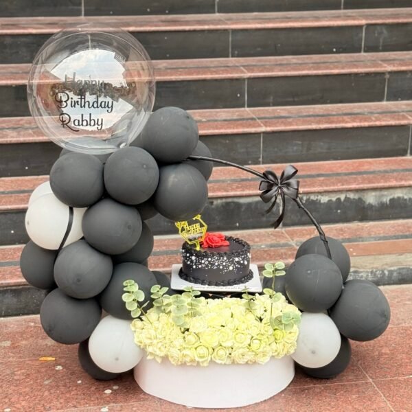 Black N White Cake & flowers With Balloon Decoration