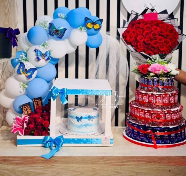 Chcooclate Tower With Flowers Bouquet and Cake with Balloon Decoration