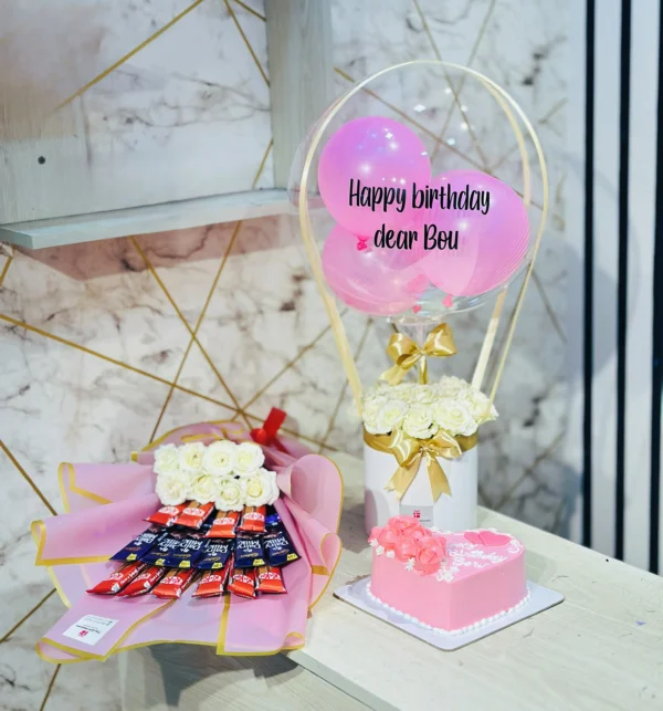 Gift For Wife - Balloon Bouquet, Chocolate Bouquet & Cake