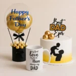 Father’s Day gift combo featuring a customized Father’s Day cake, Ferrero Rocher chocolate hot air balloon arrangement, and personalized Dad coffee mug in an elegant black, white, and gold theme.