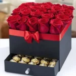 Luxury red rose and Ferrero Rocher drawer gift box with premium black box by The Gift Heaven Bangladesh.