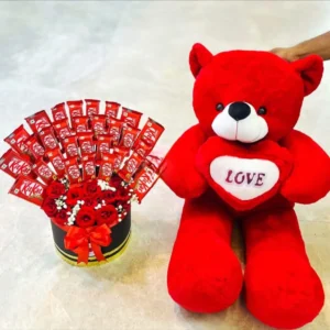 Luxury KitKat chocolate flower box with premium red roses and a giant red teddy bear holding a LOVE heart, perfect for birthdays, anniversaries, Valentine's Day, and romantic surprises in Bangladesh.