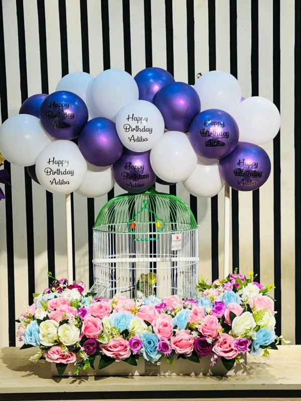 Luxury birthday bird cage surprise setup with decorative bird cage, premium balloon arrangement, pastel floral decorations, and personalized birthday balloons, handcrafted by The Gift Heaven in Bangladesh.
