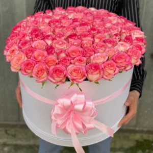 Luxury pink rose flower box with premium round white box and elegant pink ribbon by The Gift Heaven Bangladesh.