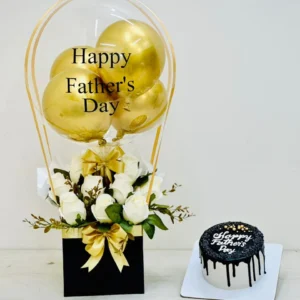 Luxury Happy Father's Day gift set with white roses, gold bubble balloon, elegant floral arrangement, and premium cake by The Gift Heaven Bangladesh