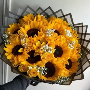 Luxury sunflower and yellow rose bouquet with premium fresh sunflowers, yellow roses, and baby's breath, elegantly wrapped in black luxury paper for birthdays, anniversaries, and special occasions in Bangladesh.