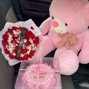 Luxury Pink Teddy Bear, Red Rose Bouquet & Birthday Cake Gift Combo