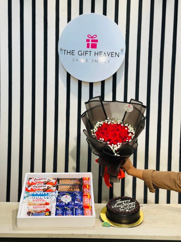 Anniversary Gift Combo | Chocolate Box, Red Rose Bouquet & Cake