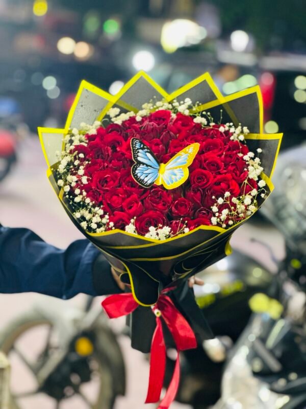 Red Rose Bouquet with Baby’s Breath & Butterfly Accent