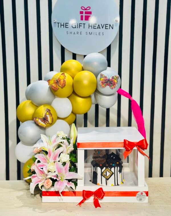 Luxury Birthday/Anniversary Cake Tray with Balloon Arch & Fresh Lily Arrangement