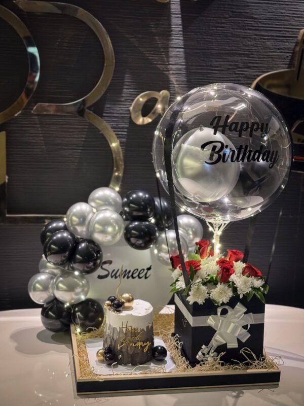 Premium Wooden Cake Tray with Personalized Balloon Bouquet & Fresh Flower Arrangement