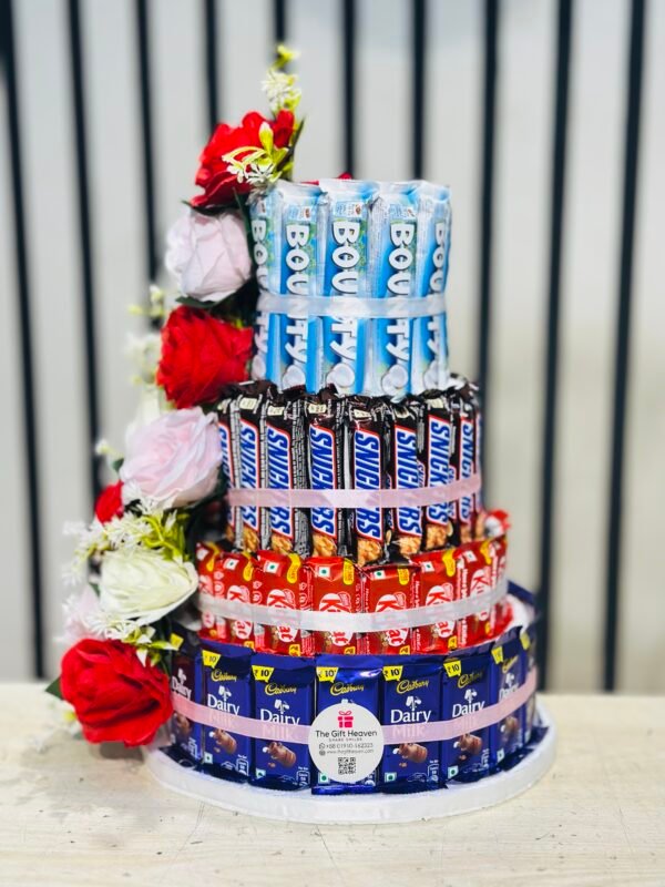 Premium 4-Layer Chocolate Tower with Artificial Flowers
